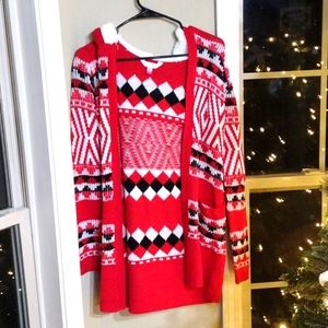 Red white and black cardigan with fuzzy hoodie.